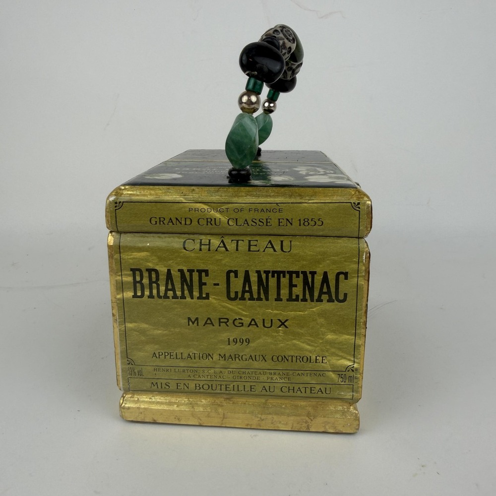 Handmade Wine Label Wooden Box Purse Black Beaded Handle Velvet Lined Small - Picture 4 of 9
